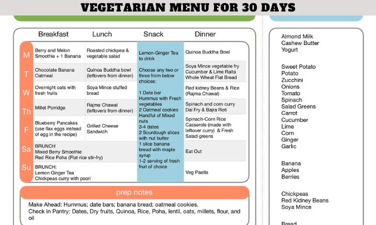 Vegetarian Menu for 30 Days